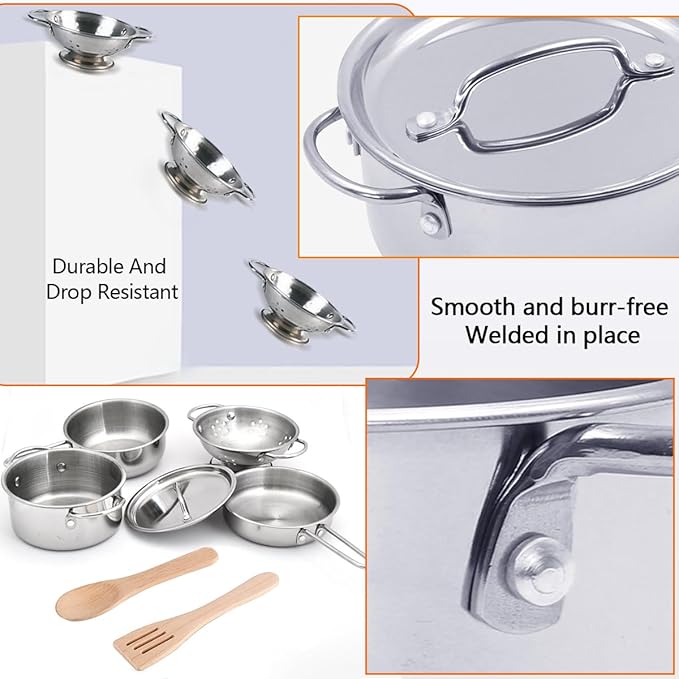 8 PCS Stainless Steel Play Pots and Pans Toys for Kids-Kitchen Playset Pretend Game Toys Cookware Cooking Utensils,Children Kitchen Accessories Set,Great Learning Gifts for Toddler & Boys Girls