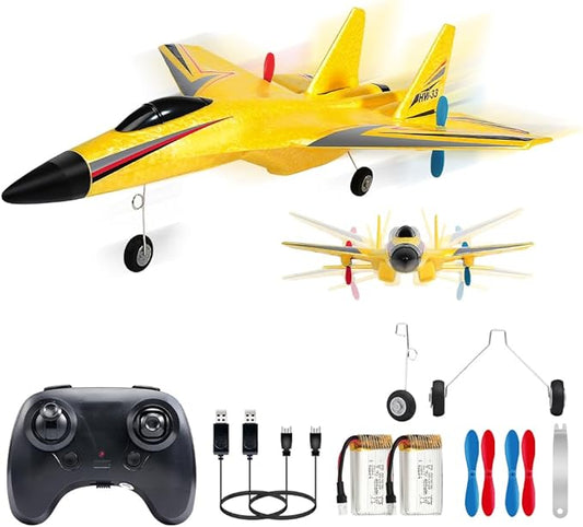 SU-27 RC Airplane,2.4GHz 2 Channel Remote Control Plane with Gyro Night Lights and 2 Batteries, Easy to Fly for Adults, Beginners and Kids Yellow Toy