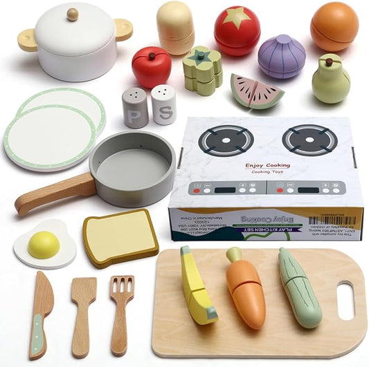 Wooden Food Set for Kids with Cookbook Magical Recipes, Wood Velcro Cutting Fruit and Vegetables Toy for Toddlers, Cooking Pretend Play, Kitchen Accessories, Early Education Toys