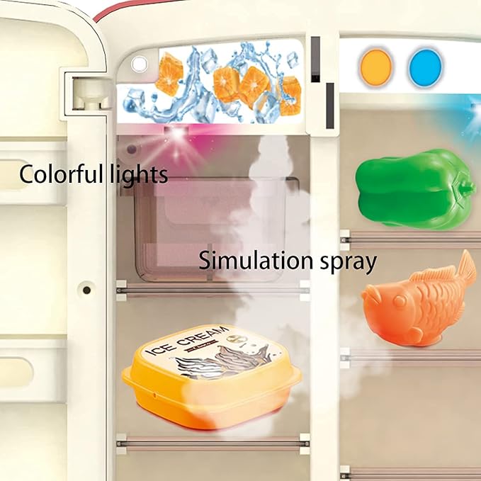Kitchen Toys Fridge Refrigerator with Ice Dispenser Pretend Play Appliance for Kids, Play Kitchen Set with Kitchen Playset Accessories for Boys & Girls Music and Light