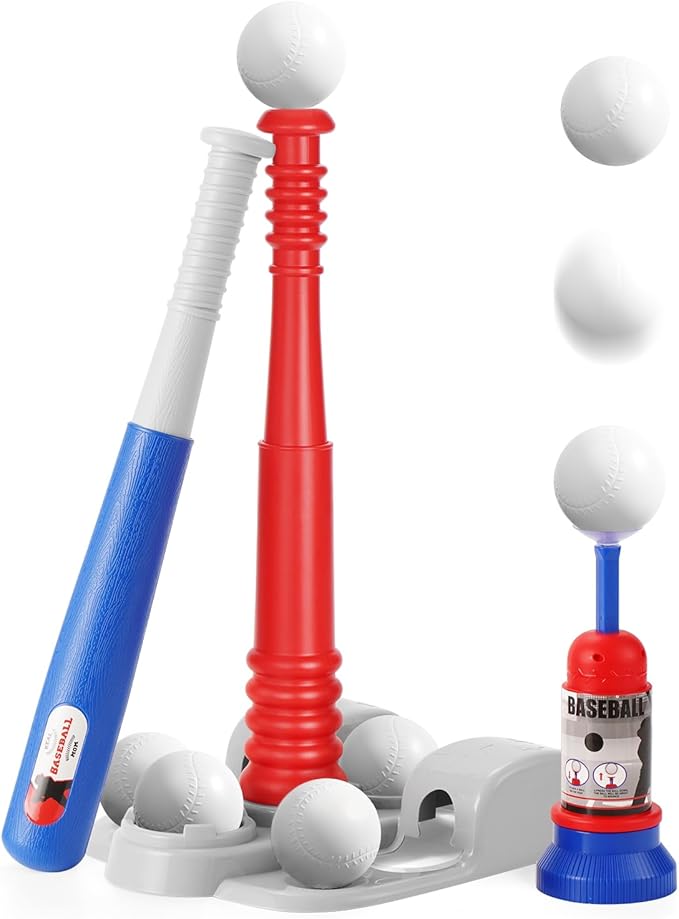 T Ball Set, Tee Ball Set for Kids 3-5 with 6 Large Baseballs & Automatic Pitching Machine & Adjustable Batting Bat, Outdoor Games Sports Toy Gift for Toddlers Boys Girls Ages 5-8 8-12