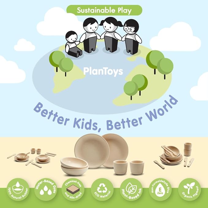 PlanToys Play Dishes Wooden Tableware Set - Sustainably Made from Rubberwood Featuring 2 Plates, 2 Spoons, 2 Forks, 2 Knives, 2 Drinking Cups, and 2 Bowls