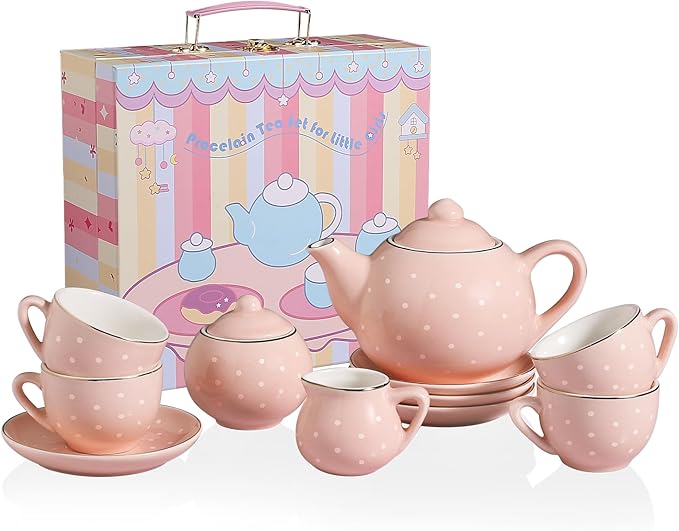 Sweejar Porcelain Tea Set for Little Girls,Kitchen Toys Tea Party Set for Kids Toddler Kitchen Pretend Toy Include Children Teapot, Cup & Saucer Set of 4, Sugar Bowl and Cream Pitcher(Pink Polka Dot)