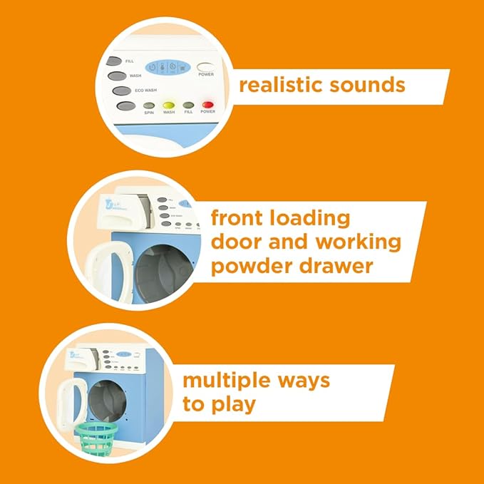 Casdon Blue Electronic Washer - Toy Washing Machine with Spinning Drum, Lights, & Sound Effects - Includes Laundry Basket & Washing Powder Box - Playset for Children Aged 3+