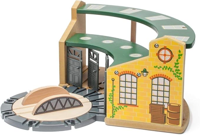 inc. Wooden Train Round House Combo with Rotating Turntable, Train Shed to House 5 Engines or Cars, Wooden Train Track Accessories Compatible with Major Brand Railway Sets