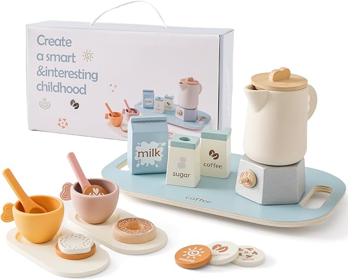 Wooden Tea Set for Little Girls and Boys | 18 PCS Kids Coffee & Tea Set for Toddlers | Pretend Play Toy with Silicone Accessories - Ideal Gift