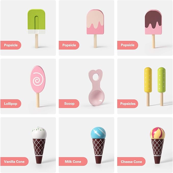 ROBUD Wooden Ice Cream Cart Toys for Kids, Toddlers Pretend Play Food Truck, Gift for Girls and Boys 3 Years & Up, Pink