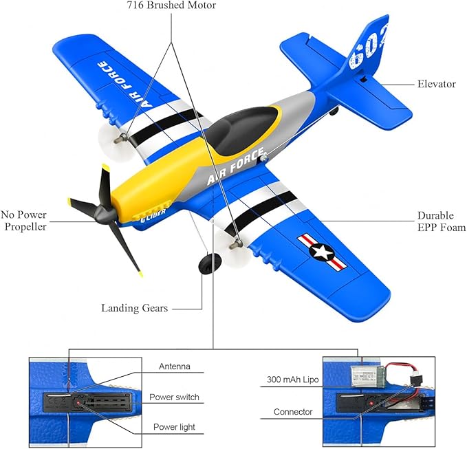 HAWK'S WORK 3 Channel RC Plane P-51D Mustang, Remote Control Airplane Ready to Fly, 2.4GHz 6-axis Gyro Stabilizer, Easy to Fly for Kids & Beginners