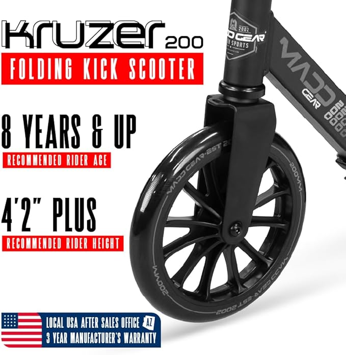Large Folding Kick Scooter for Adults and Teens – Adjustable Handlebar – Big 200mm Wheels – Lightweight Durable Folding Frame – 220lbs Capacity – Madd Gear Scoot 200