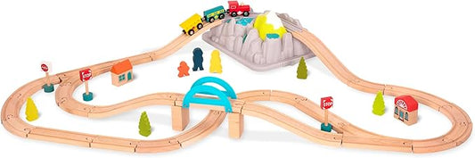 B. toys- Wood & Wheels Train Set- 47pc Wooden Train Set- Train Tracks & Accessories – Storage Bucket with Mountain Lid – Classic Toys for Toddlers, Kids – 3 Years +
