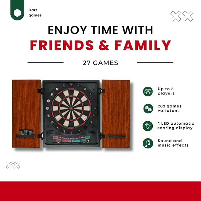 Dartboard Professional Electronic Dart Board with LED Digital Scoreboard, Wooden MDF Cabinet, 27 Games, 202 Variations, Includes 16 Soft Tip Darts & 16 Replacement Tips, Perfect for Adults Game Room