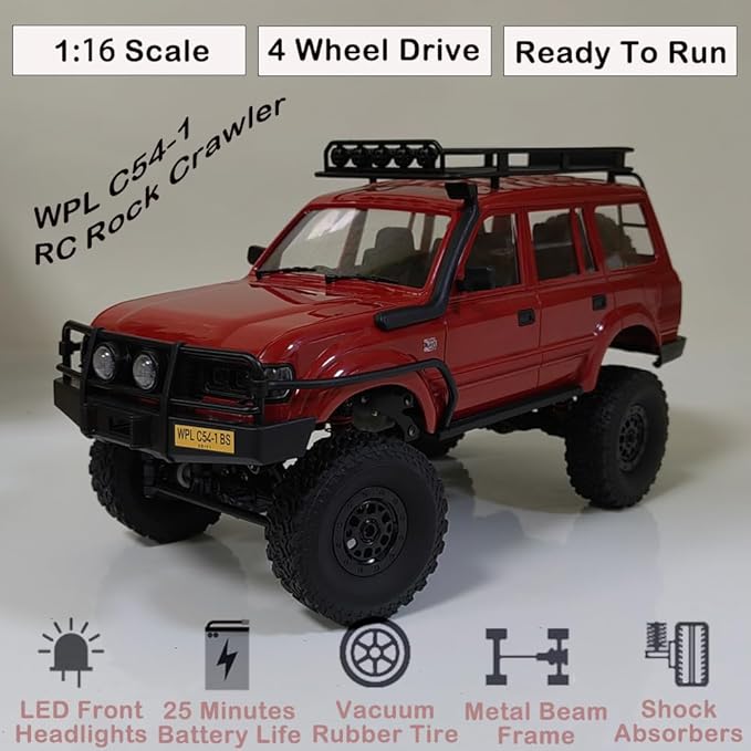 GoolRC RC Truck, WPL C54-1 RC Crawler 1/16 Scale Remote Control Car, 4WD All Terrain Off Road RC Rock Crawler, 2.4GHz RC Climbing Car with LED Lights and Two Batteries for Kids and Adults (Red)