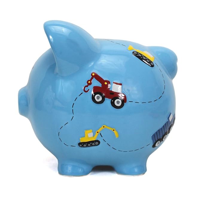 Child to Cherish Ceramic Piggy Bank for Boys, Construction Trucks, Blue