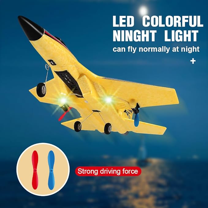 SU-27 RC Airplane,2.4GHz 2 Channel Remote Control Plane with Gyro Night Lights and 2 Batteries, Easy to Fly for Adults, Beginners and Kids Yellow Toy