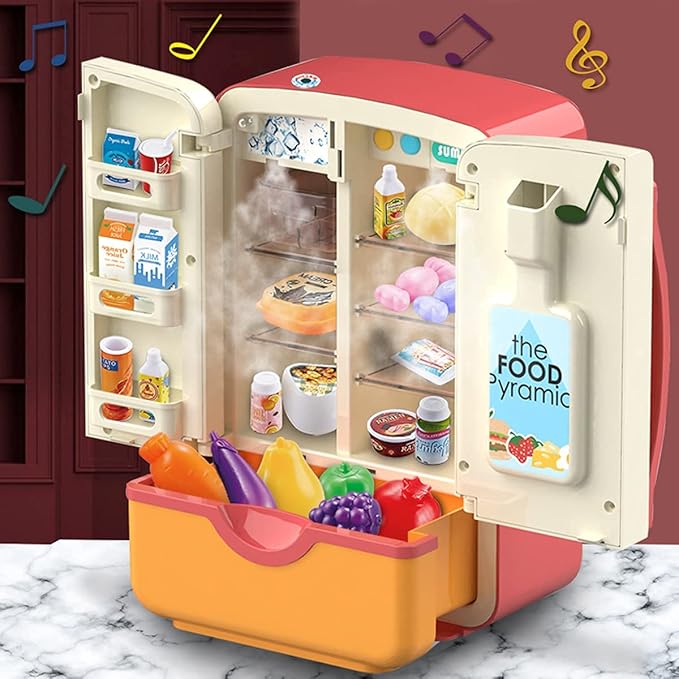 Kitchen Toys Fridge Refrigerator with Ice Dispenser Pretend Play Appliance for Kids, Play Kitchen Set with Kitchen Playset Accessories for Boys & Girls Music and Light