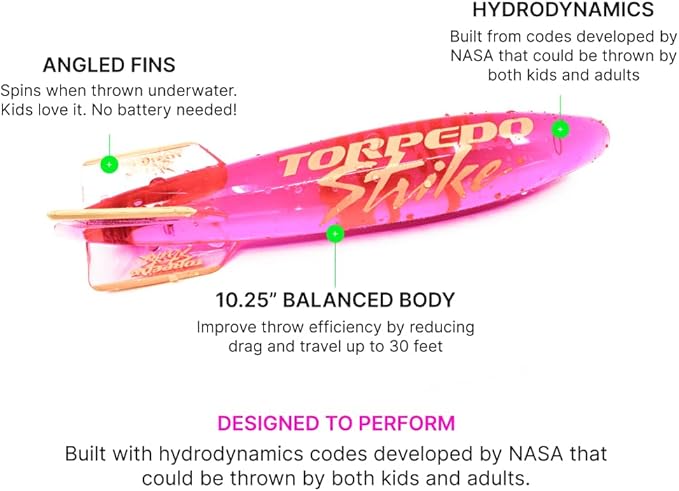 SpinFin 10.25" Large Ultra Premium Pool Torpedo Rocket Spins & Glides Up to 30 Feet Like Underwater Football for Under Water Passing Games Underwater Torpedo Diving Toy Glider (Pink)