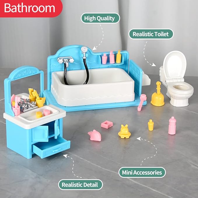 TAKIHON Dollhouse Furniture, Kitchen & Bathroom Toy Set,Fridge Washing Machine Set for Kids,Dollhouse Miniature Accessories,Educational Pretend Play Toys for Toddler,Boys & Girls