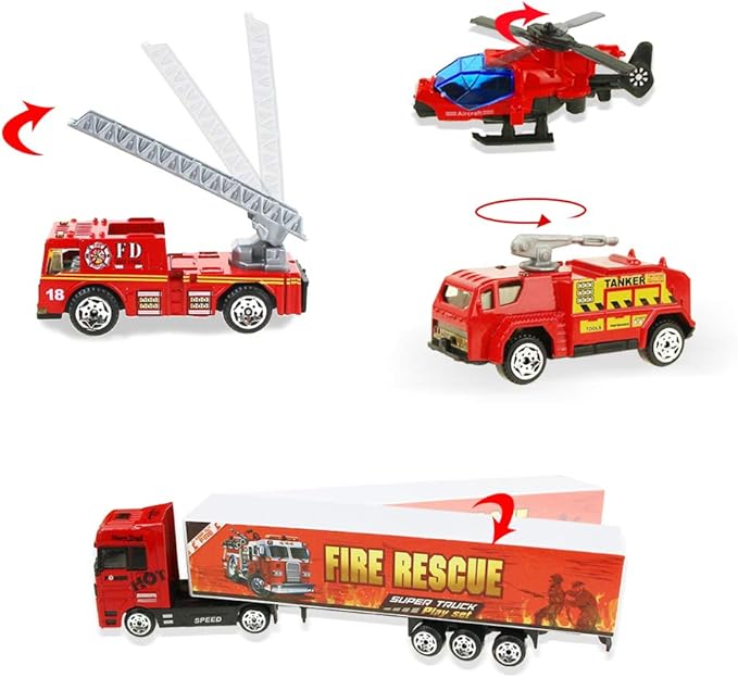 Coolplay Fire Truck Toy Set for Kids, Toy Vehicles Carrier Truck with Die-cast Cars, Rescue Firetruck for Boys 3-6 Years Old