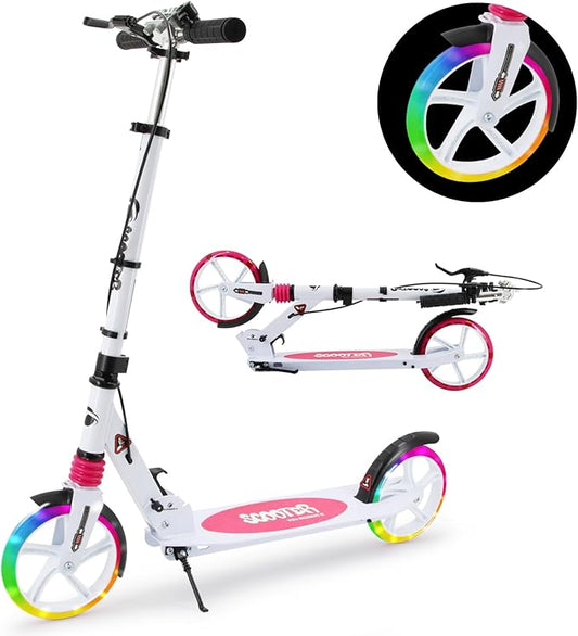 Scooter for Kids Ages 8+ Teens & Adults, Lightweight Kick Scooter with Carry Strap Adjustable Height Equipped with Front handbrake and Rear Brake, Big Sturdy PU Flash Wheels Great Gift & Toy
