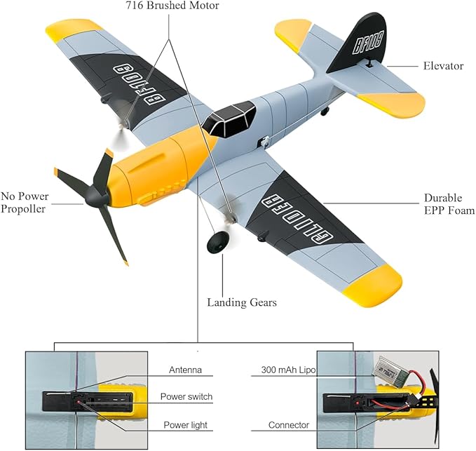 HAWK'S WORK 3 Channel RC Plane BF-109, Remote Control Airplane Ready to Fly, 2.4GHz 6-axis Gyro Stabilizer, Easy to Fly for Kids & Beginners