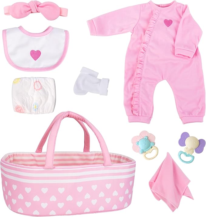 Aori 9 Pcs Reborn Baby Dolls Clothes Set with Pink Bassinet for 17-22 Inch Baby Doll, Carrier Bed and Baby Doll Clothes Outfit Accessories fit Newborn Baby Girl