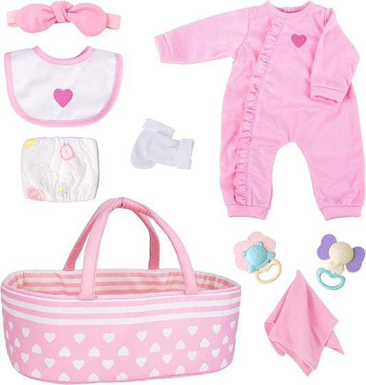 Aori 9 Pcs Reborn Baby Dolls Clothes Set with Pink Bassinet for 17-22 Inch Baby Doll, Carrier Bed and Baby Doll Clothes Outfit Accessories fit Newborn Baby Girl