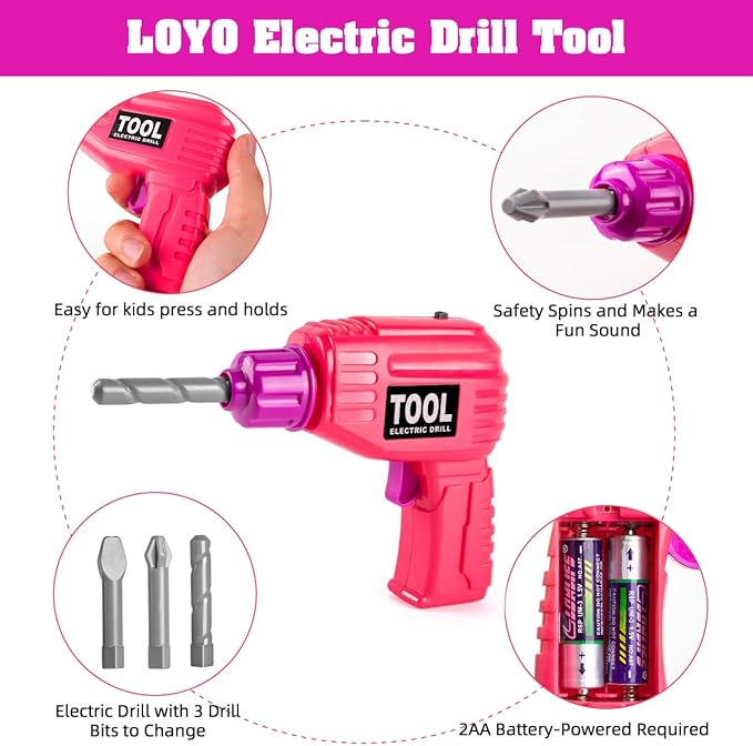 LOYO Kids Tool Set - Toddler Tool Set with Kid Tool Belt Tool Box & Electronic Toy Drill, Kids Construction Toys for Girls Boys Gift for Toddlers Girls Ages 3 , 4, 5, 6, 7 Years Old