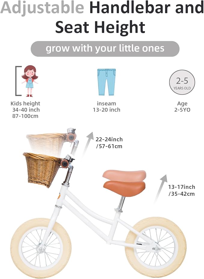 ACEGER 12" Kids Balance Bike with Basket, No Pedal Toddler Bicycle for Early Learning Leg Strength and Steady Balancing, Durable Frame&Tool-Free Adjustable Seat, Gift Bike for 2-5 Kids