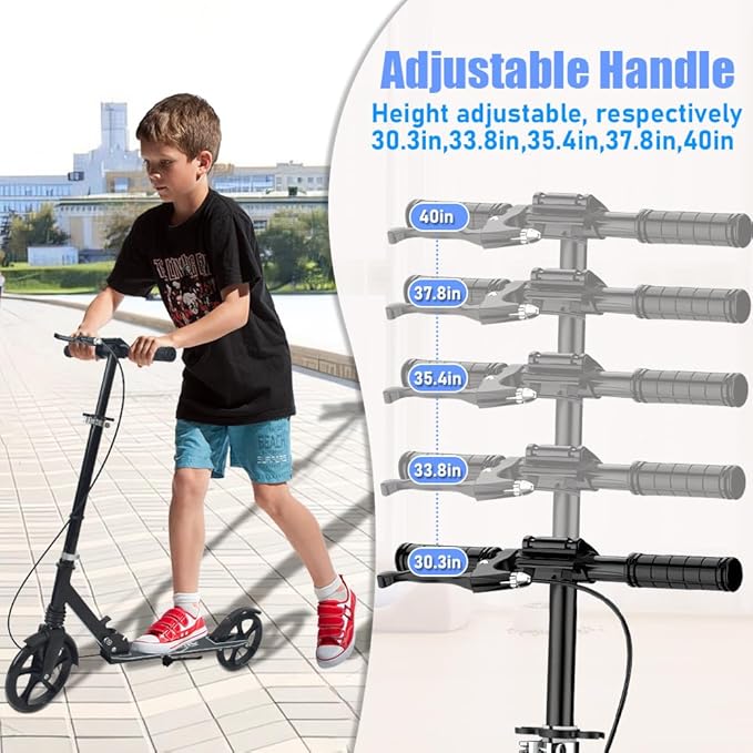 Dual-Brake Shock-Absorbing Kick Scooter, Anti-Skid PU Wheels, 4 Height-Adjustable Positions, Wider Pedals, Suitable for Children Over 6 Years Old, Teenagers & Adults
