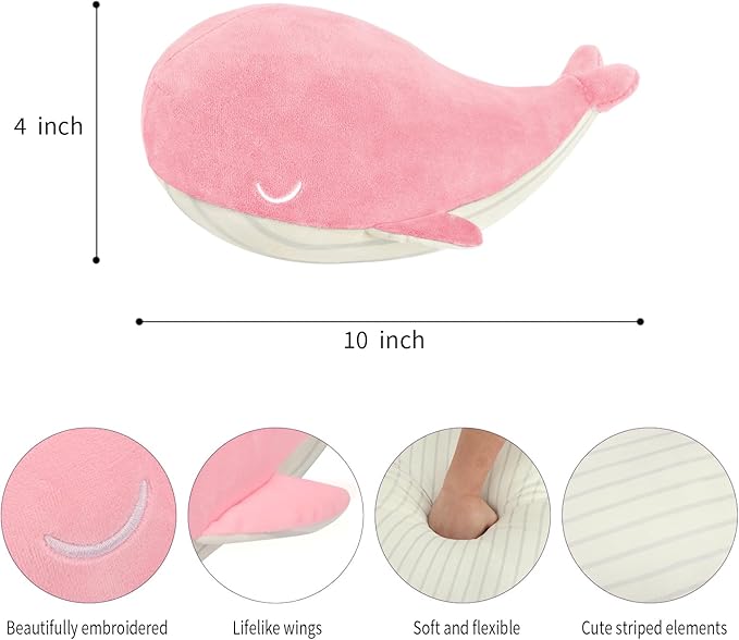 MUPI Whale Stuffed Animals Plush Pillow 4 Size Cute Soft Cotton Plushies Pillows Kawaii Blue Whale Toy Gifts for Kids Boys Girls Adults (Pink, 10 Inch)
