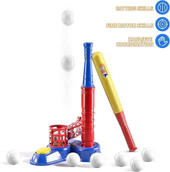 TEMI 2 in 1 Tee Ball Set for Kids 3-8, Kids Baseball T-Ball Set with 10 Balls, Step on Pitching Machine, Batting Tee, Outdoor Sport Toy Games for 3-12 Year Old Boys Girls Toddler