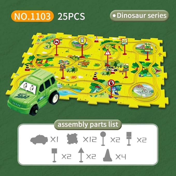 25PCS Puzzle Racer Kids Car Track Set, Dinosaur Jigsaw Puzzle Racer Car Track Set Puzzle Track Car Play Set Preschool Gifts for Kids Christmas Birthday Gift for Boys Girls