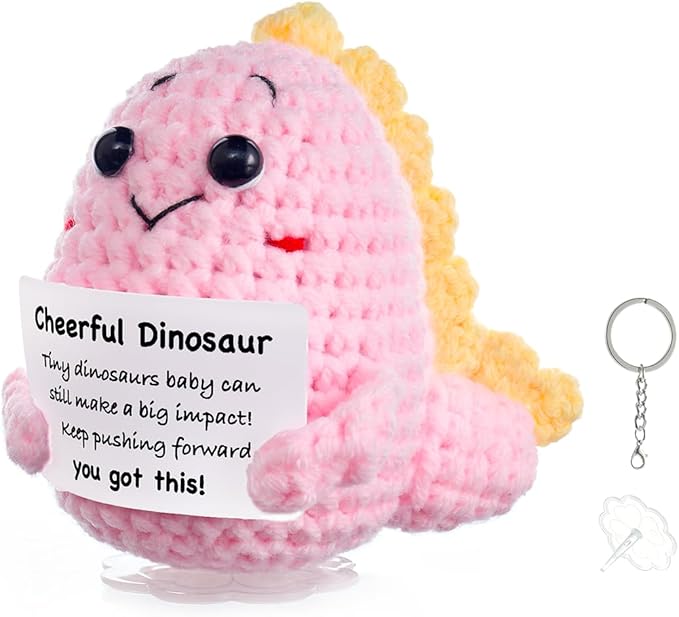Funny Easter Basket Stuffers Positive Crochet Animals Dinosaur, Stress Relief Gifts for College Student Graduation Boyfriend Husband Women Birthday Desk Decor(Pink Dinosaur)