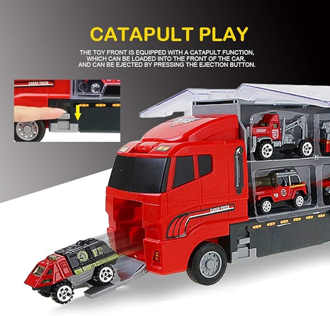 Coolplay Fire Truck Toy Set for Kids, Toy Vehicles Carrier Truck with Die-cast Cars, Rescue Firetruck for Boys 3-6 Years Old