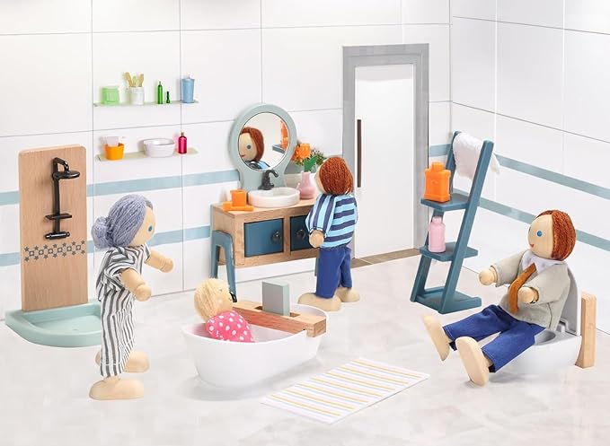 Giant bean 24 PCS Wooden Plastic Dollhouse Furniture Set, Bathroom and Bedroom Set, Wood Dollhouse Accessories Pretend Play Furniture Toys for Boys Girls & Toddlers