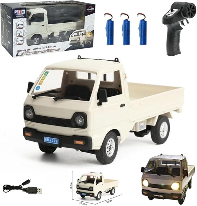 WPL D12 1/16 RC Truck for Adult, 2.4GHz Mini Truck Remote Control Drift Pickup Off Road Vehicle, 130 Motor Rear Drive 20KM/H Cargo Car with Led Light - 3 Battery