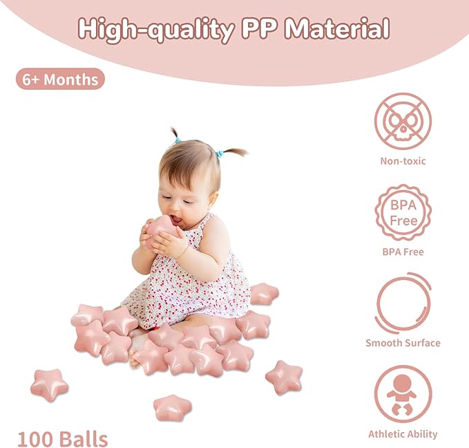 Star ball pit balls 100 Phthalate Free BPA Free Crush Proof 2.16 Inches Star Shape for Pastel Plastic Balls for Ball Pit Ideal Gift for Toddlers Babies Kids Pool Water Toys Play Tent, Pearl Pink