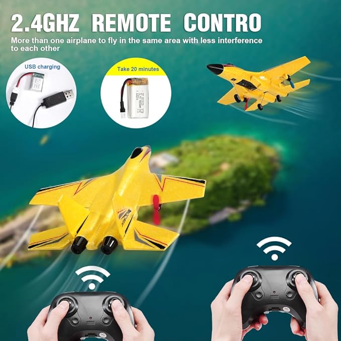 SU-27 RC Airplane,2.4GHz 2 Channel Remote Control Plane with Gyro Night Lights and 2 Batteries, Easy to Fly for Adults, Beginners and Kids Yellow Toy