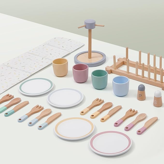 Wooden Play Kitchen Accessories Toys for Toddlers 3-5, Kids Play Kitchen with Realistic Plates & Dishes & Tableware, Montessori Pretend Christmas Birthday Gifts for 3 4 5 6 Years Girls Boys