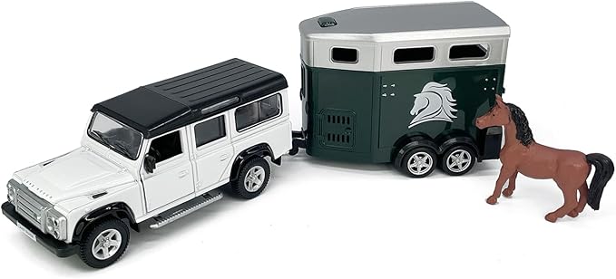 Land Rover Defender Trailer Towing Horse Transporter Farm Trailers, Doors Open, 1/36 Scale Model Car Diecast Metal Toy Cars,3 4 5 6 7 Year Old Kids Boys Gifts, Cake Topper Home Office Décor Collection