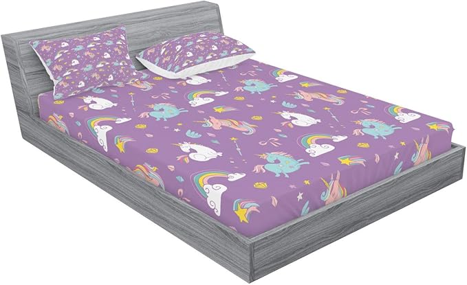 Ambesonne Magic Fitted Sheet & Pillow Sham Set, Unicorn and Rainbow Diamond Wand Pattern Girl Creature Print, Decorative Printed 2 Piece Bedding Decor Set, Queen, Violet
