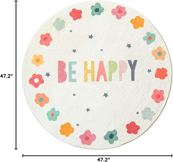 Poowe Round Kids Playroom Rug - Soft Alphabet Nursery Rug for Bedroom - Playtime Collection, Learning & Game Carpet for Classroom, Best Shower Gift for Infant Toddlers (Round 47.2", Flower-Happy)