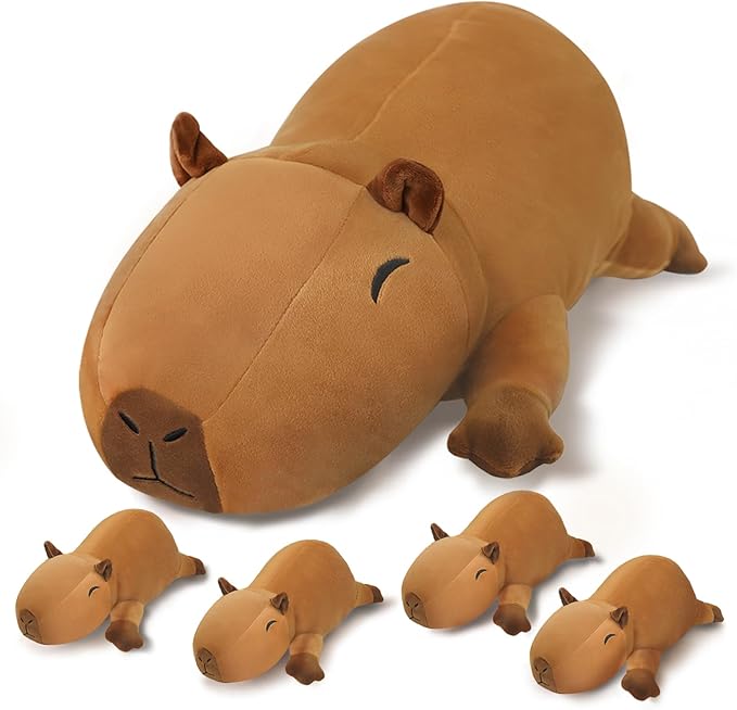 SQEQE Stuffed Capybara Plush - Cute Capybara Mommy with 4 Babies Surprise Soft Animal Toy Christmas, Valentine's, Birthday Gifts Ideal for Boys and Girls