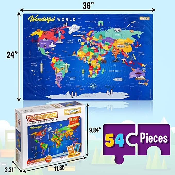 Zigyasaw World Map Puzzle Game - 54 Piece Floor Puzzles for Kids Ages 4-8+ - Educational Geography Game with Quiz Cards - Learning and Intellectual Development Jigsaw Puzzles