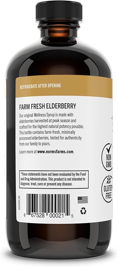 Norm's Farms Wellness Black Elderberry Syrup with Honey, Cinnamon & Cloves - Made in USA, Natural Immune Support, No Alcohol or Fillers, Gluten-Free, Non-GMO, Vegan, Pure Elderberry Juice Syrup - 8 Oz