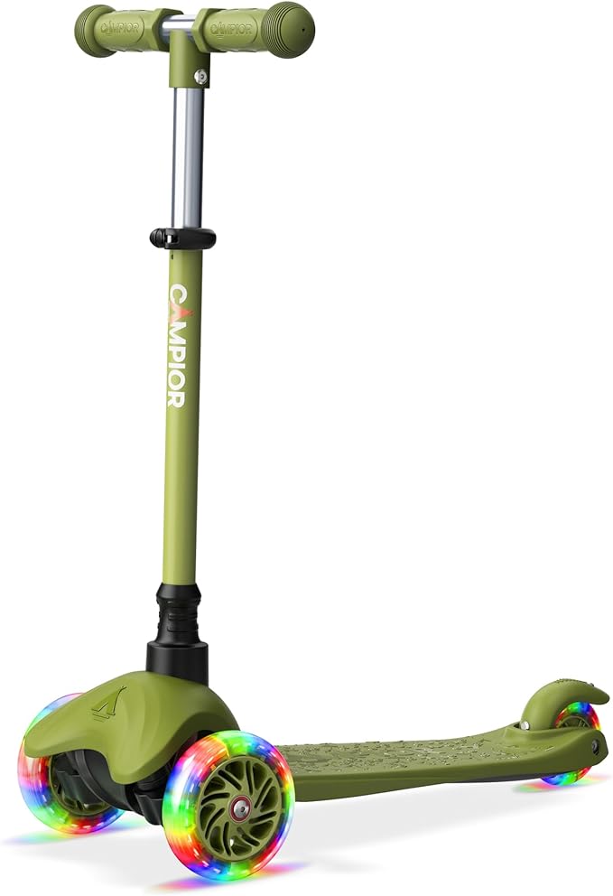 Black & Green Mini 3 Wheel Scooter for Kids – Lean-to-Steer with LED Light-Up Wheels, Adjustable Handlebar, Wide Anti-Slip Deck, Smooth PU Wheels, Rear Foot Brake – Toddler Scooter for Ages 2+