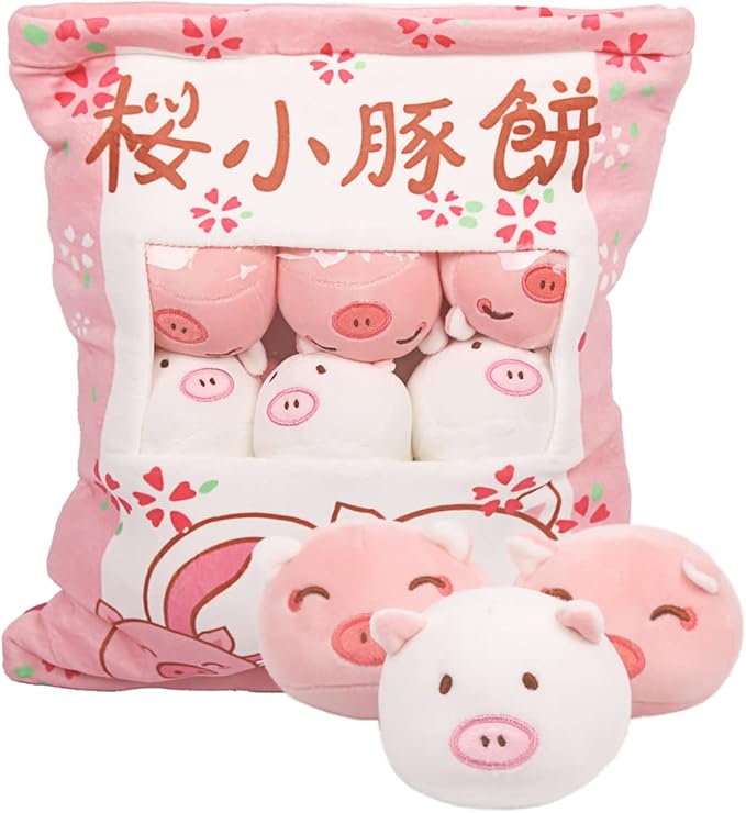 ARELUX Cute Pig Plush Pudding Pillow:Snack Pillow Toys Bag Removable Stuffed Animal 8Pcs Sets Creative Plush,Soft Sakura Pig Plushie Throw Pillow,Dolls Friends Family Member