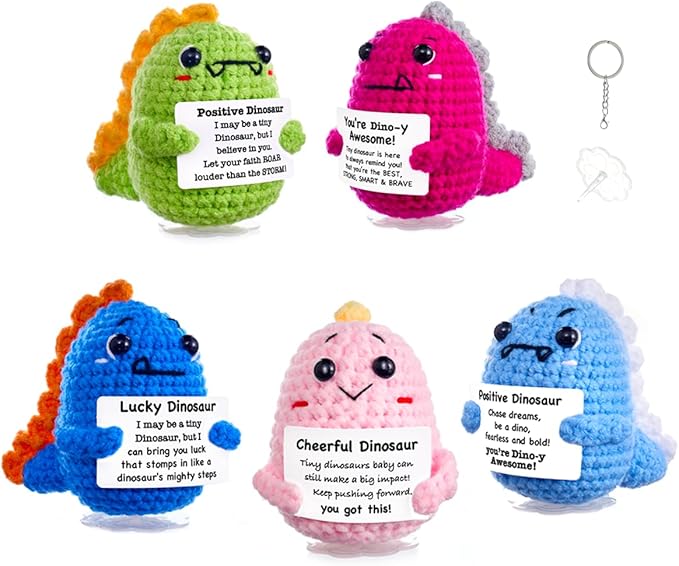 Funny Easter Basket Stuffers Positive Crochet Stuffed Animals Dinosaur, Stress Relief Gifts for College Student Graduation Boyfriend Husband Women Birthday Desk Decor (Dinosaur Set)