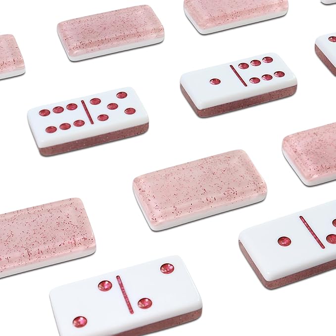 Dominoes Set for Adults, Double 6 Dominos Game Set with 28 Domino Tiles Double with Upscale Gift Boxes -7 Polyhedral Dice -Classic Board Games (Light Pink)