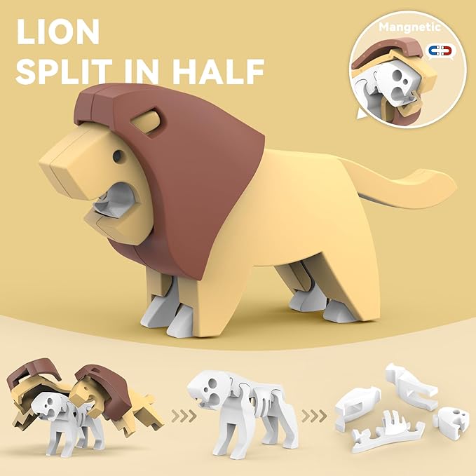 Magnetic Animal Building Toys, STEM Toddler Learning Toys 3D Puzzle Animals for Boys Girls, Educational Magnetic Travel Montessori Toy Lion Elephant Crocodile, Unique Birthday Gift for Kids 3 4 5 6 7